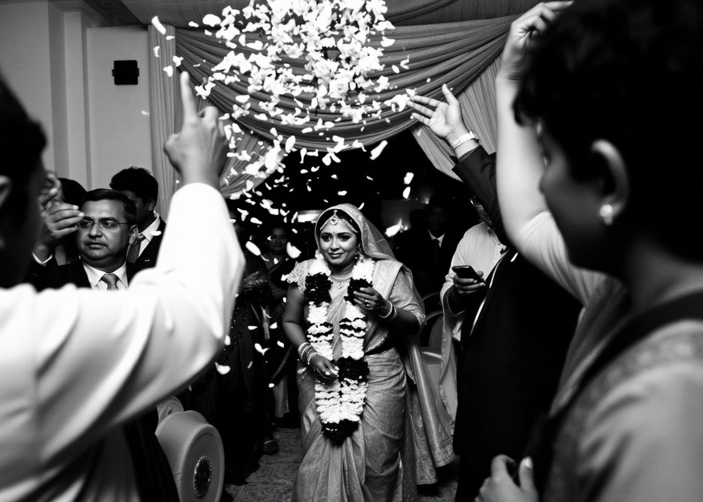 Wedding guests throwing flower petals