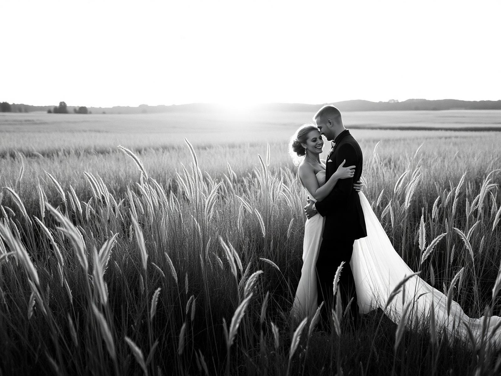 Black and white photograph of a couple embracing in a field at sunset